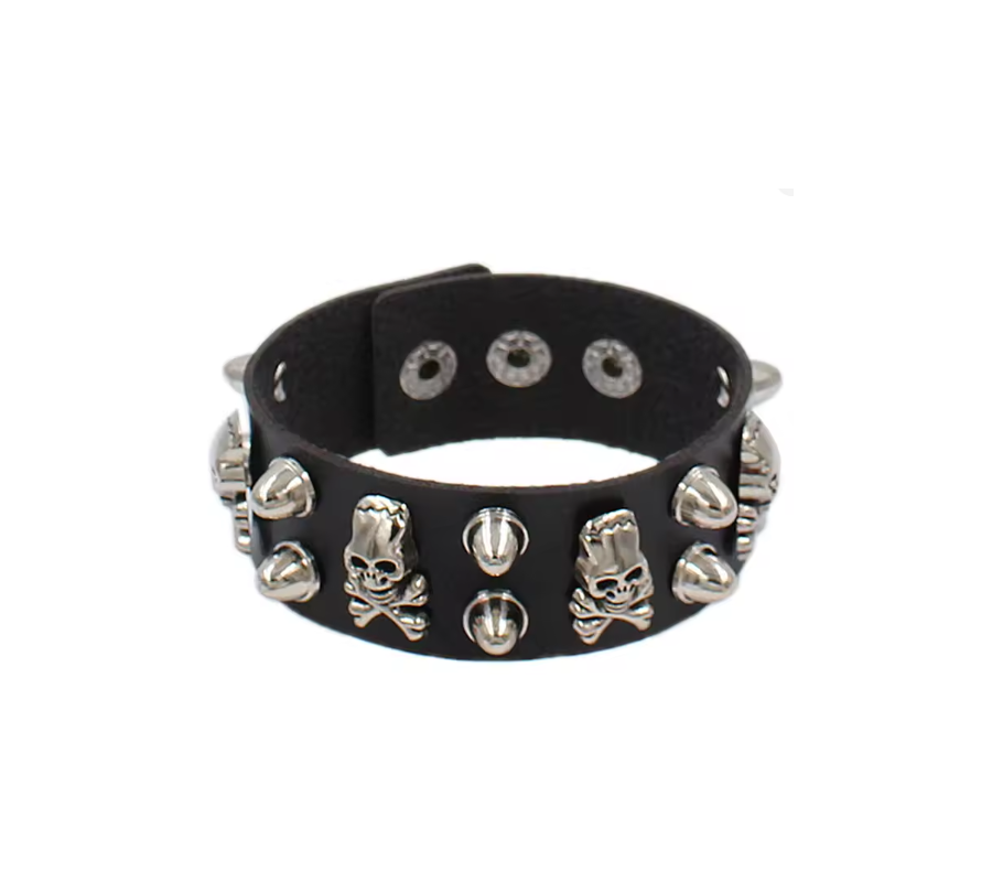 Pulseira OGS 'Skull & Spike, em couro, ajustável
